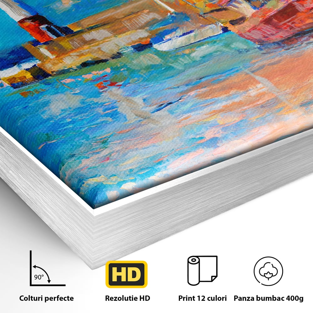 Detaliu al suprafetei: tablou canvas cu far si barci, in rama de aluminiu argintiu